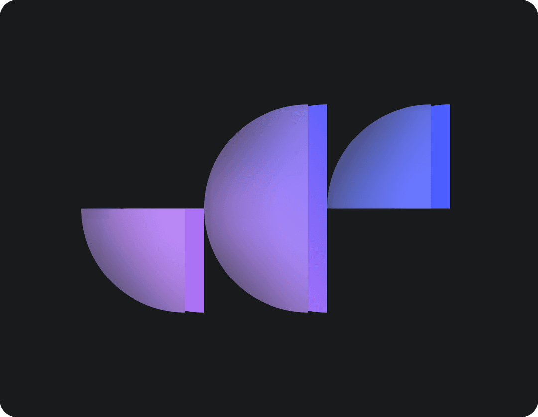 A modern abstract composition featuring three segmented semicircles in gradient shades of purple and blue, arranged in a dynamic pattern on a dark background.