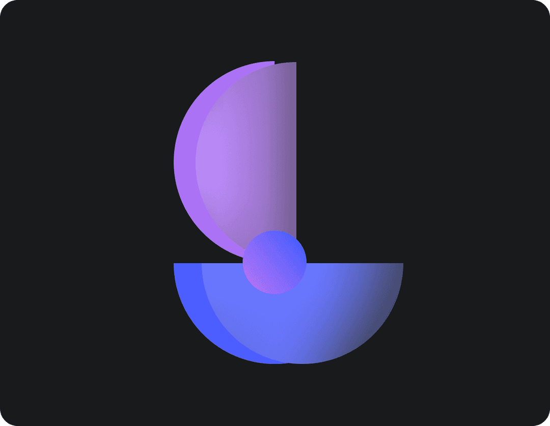 A modern abstract composition featuring a vertical arrangement of semicircles in gradient shades of purple and blue, with a small floating sphere positioned at the center, set against a dark background.