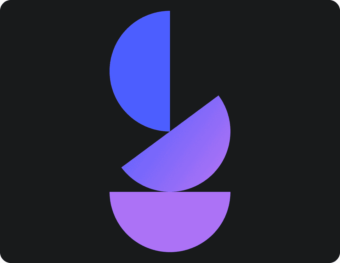 A modern abstract design featuring three stacked semicircles in shades of blue and purple, arranged in a balanced vertical composition on a dark background.