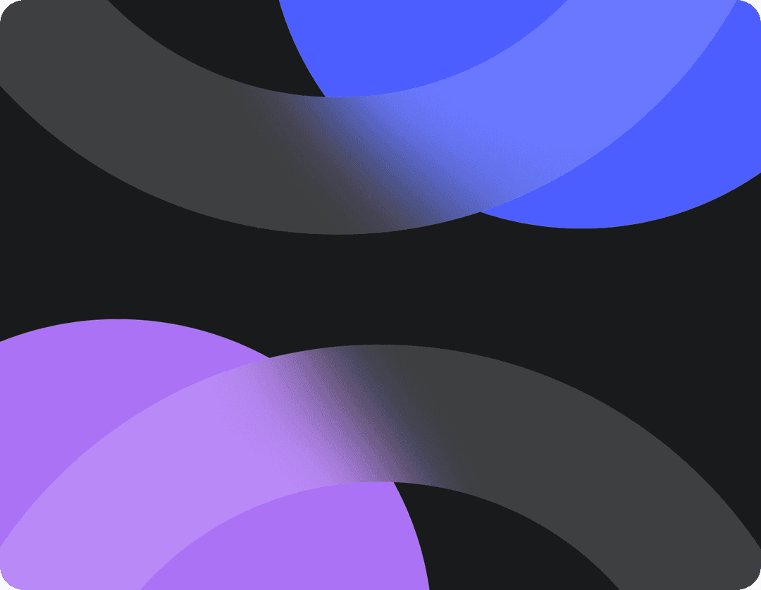 A modern abstract design featuring curved black shapes with a gradient effect intersecting vibrant blue and purple semicircles, set against a dark background.