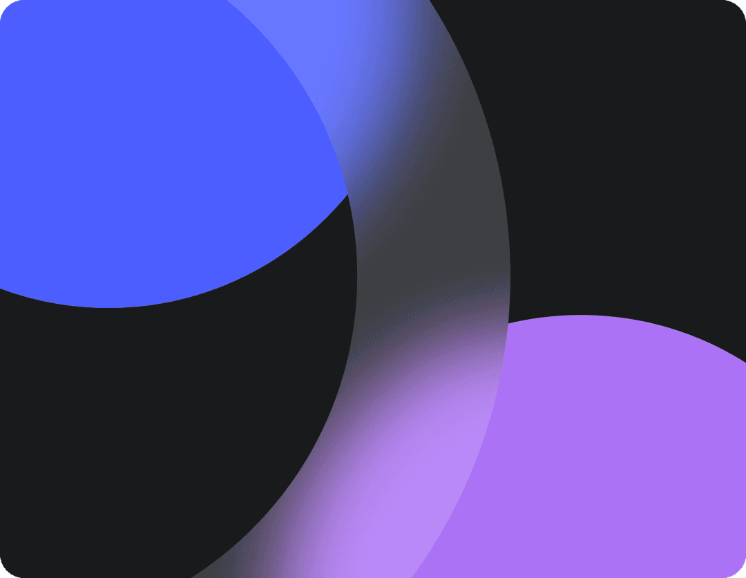 A modern abstract design featuring bold, overlapping circular and curved elements in shades of blue, purple, and black, creating a dynamic visual contrast on a dark background.