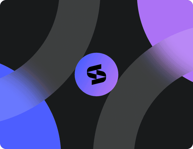 An abstract digital design with black, blue, and purple curved shapes, featuring a central circular element with a stylized 'Stitchflow' logo.