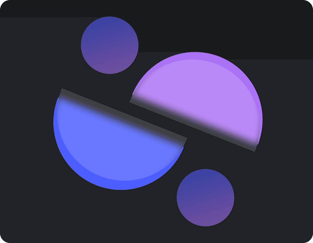 A modern abstract composition with two overlapping semicircles in blue and purple, intersected by a dark gradient bar, along with two gradient spheres floating against a dark background.