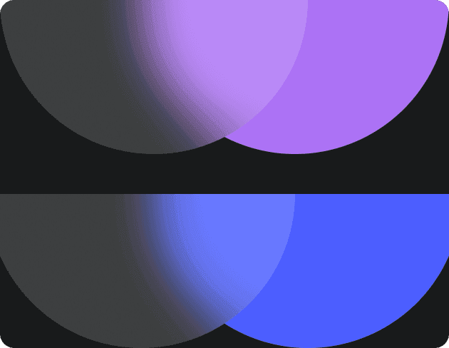 A modern abstract design featuring two pairs of overlapping semicircles in black, purple, and blue, set against a dark background.