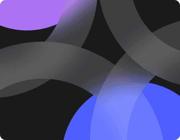 A modern abstract design featuring interwoven black, semi-transparent curved shapes over a dark background, with purple and blue circular elements.