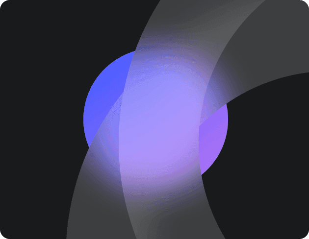 A modern abstract composition featuring overlapping curved black shapes with a gradient effect, partially covering a blue and purple circular element on a dark background.