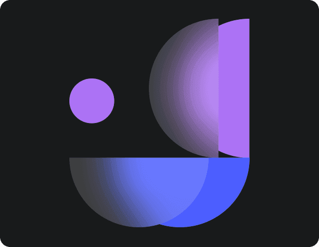 A modern abstract composition featuring semicircles in black, purple, and blue, along with a small purple circle, arranged in a geometric pattern on a dark background.