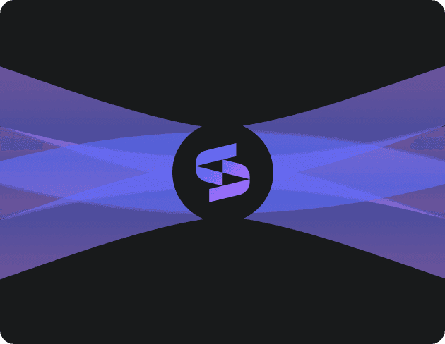 A modern abstract design featuring a central circular element with the Stitchflow logo, surrounded by intersecting blue and purple wave-like shapes on a dark background.