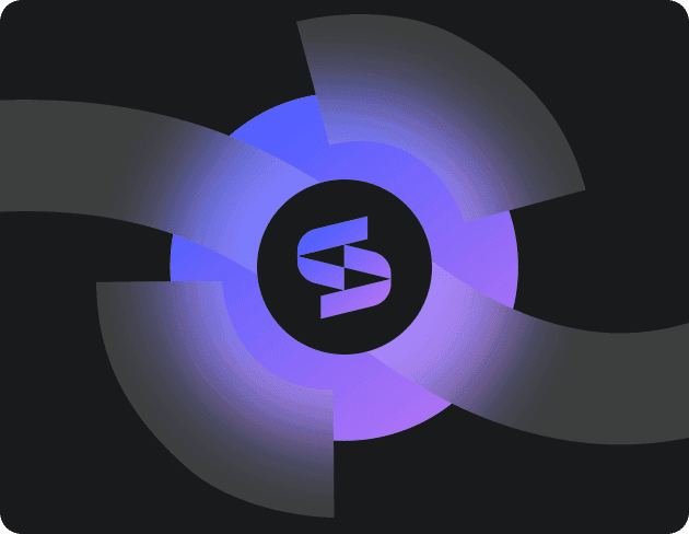 A modern abstract composition featuring a central circular element with the Stitchflow logo, surrounded by four curved black shapes with a gradient effect, creating a swirling motion over a blue and purple background.